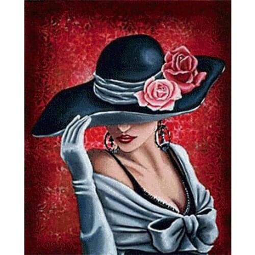 Diy Diamond Painting Kit Lady With Hat Decorative Cross Stitch Embroidery Beadwork Woman Wearing Hat Crystal Rhinestone Fashion