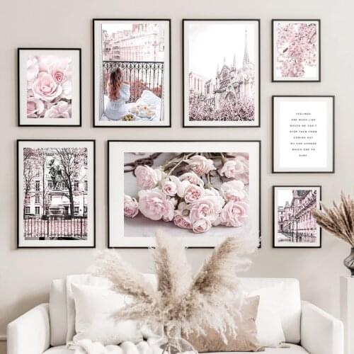 Pink Flowers Cherry Blossoms Girl Castle Nordic Posters And Prints Wall Art Canvas Painting Wall Pictures For Living Room Decor