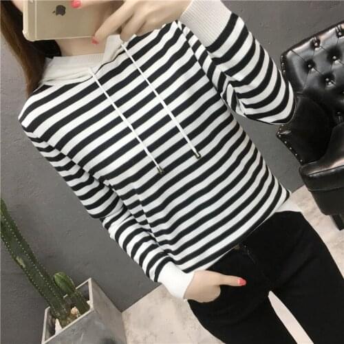 Sanishroly 2018 New Autumn Winter Women Striped Sweater Pullovers Hooded Knitted Sweaters Female Long Sleeve Sweater Tops SE170