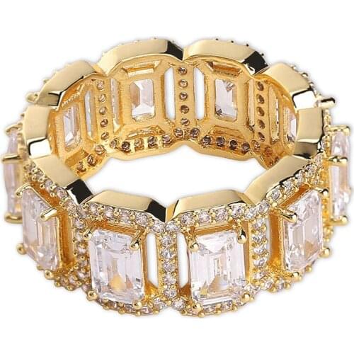 New Fashion Charm Hip Hop Square AAA Cubic Zirconia Tennis Chain Ring Women Men 1 Row CZ Bling Iced Out Gold Ring Rapper Jewelry