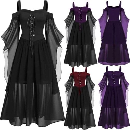 2022 NEW Year Gift Gothic Sexy Dress Womens Halloween Costumes Plus Size Cold Shoulder Butterfly Sleeve Lace Black Dress Female