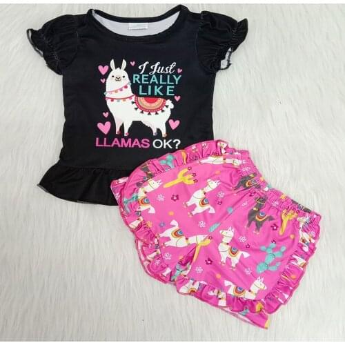 Toddler girl clothes for summer outfit girl black printed top and new style shorts set girl alpaca pattern clothing set