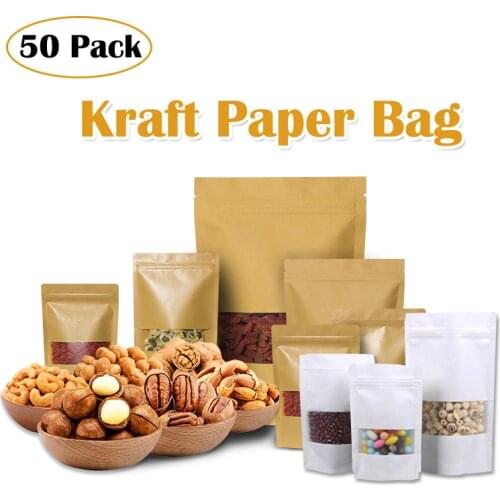 50Pack Reusable Moisture-proof Kraft Paper Bags Window Zip Lock Food Packing Bag Stand Up Tea Coffee Bean Candy Storage Pouches