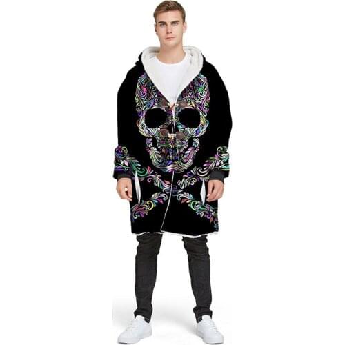 Personalized 3D Sugar Skull Hooded Blanket with Sleeve Winter Thicken Horn Button Jacket for Men Wearable Blanket Halloween