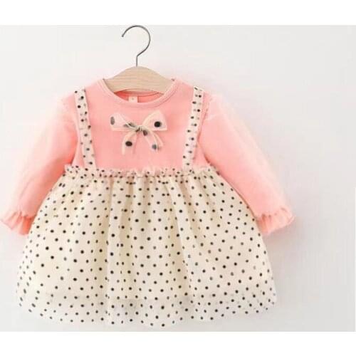 Sweet Girls Kids Princess Dress Autumn Children Baby Infants Long Sleeve Patchwork Mesh Dot Polka Bow Dresses Vestidos S13014