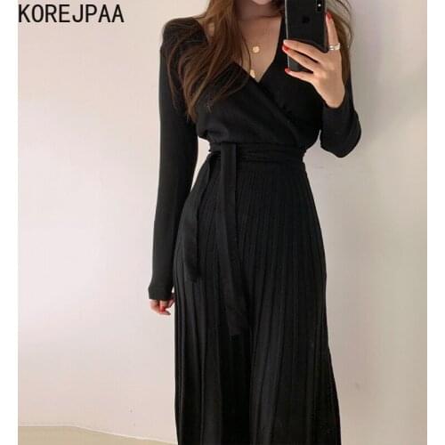 Korejpaa Women Dress Korean Fashion Early Autumn Elegant Gentle V-neck Cross Design Bandage Waist Slim Pleated Knitted Vestidos