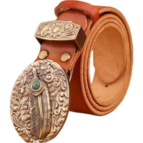 2020 new arrival Chinese stylish flower women men belt luxury solid brass buckle full grain cowhide genuine leather strap camel