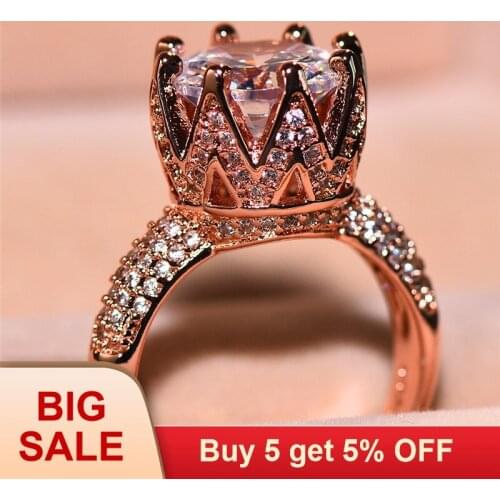 Luxury Female Big Queen Crown Ring Cute Fashion Rose Gold Crystal Zircon Stone Ring Promise Wedding Engagement Rings For Women