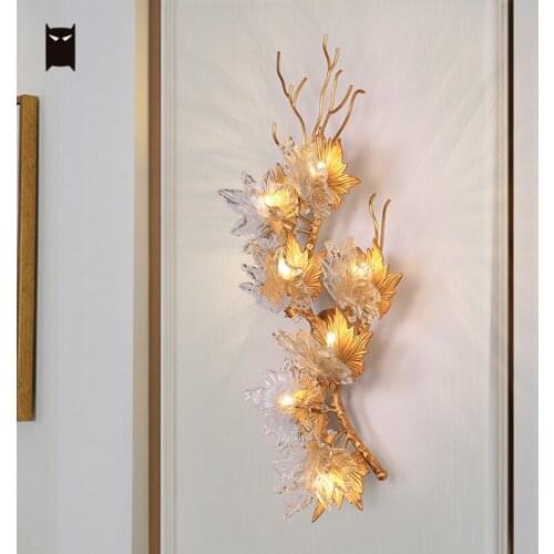Handmade All Pure Bronze Copper Maple Leaf Flower Wall Lamp Fixture Luxury Contemporary Sconce Light Living Room Villa Bedroom