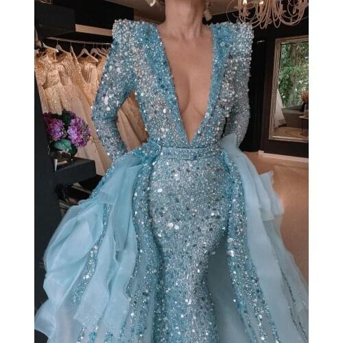 Sexy Deep V Neck Evening Dresses with Removeable Train Long Sleeves Formal Mermaid Prom Gowns Sequin robe de soirée de mariage