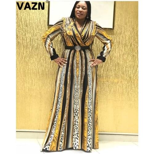 VAZN 2020 New Plus Size High-end Chiffon Retro Sexy Club Free Style Deep V-Neck Full Sleeve Women High Waist A-line Maxi Dress