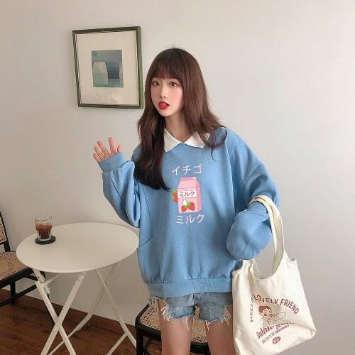 Japanese Kawaii Hoodie Sweatshirt Women Letter Tumblr Pink Sweatshirts Cotton Strawberry Milk Pullover Schoolgirl Sudadera Mujer