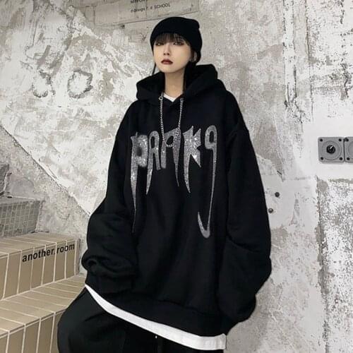 Harajuku Style Women Hoodies 2021 Spring Fall New Fashion Ladies Letter Hot Drilling Long Sleeve Pullover Streetwear Casual Tops