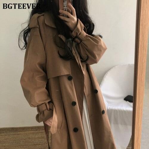 BGTEEVER Vintage Brown Oversized Women Windbreaker Coats 2020 Autumn Lapel Double Breasted Sashes Loose Ladies Trench Coats