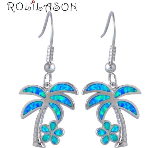 ROLILASON Perfect Sterling Silver Overlay jewelry fashion coconut tree Blue Opal Drop dangle earrings for women OE578