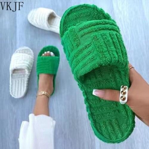 Luxury Brand Peep Toe Thick Sole Women Slippers Green Corduroy Flat Outwear Ladies Slides Summer Autumn Runway Flip Flops Women