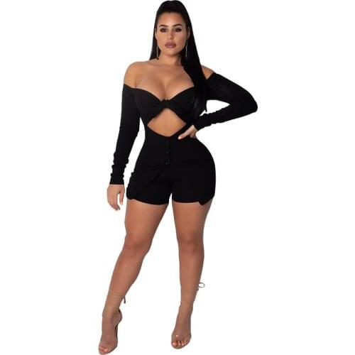 Women Sexy Off Shoulder Bandage High Waist Strapless Long Sleeve Short Pants Night Club Jumpsuit 2019 Autumn
