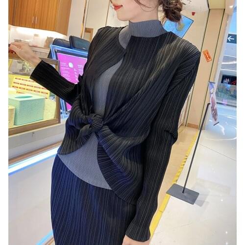 Miyake pleated tops womens Korean fashion 2020 autumn elegant blouse shawl cardigan long sleeve womens shirt cropped jacket