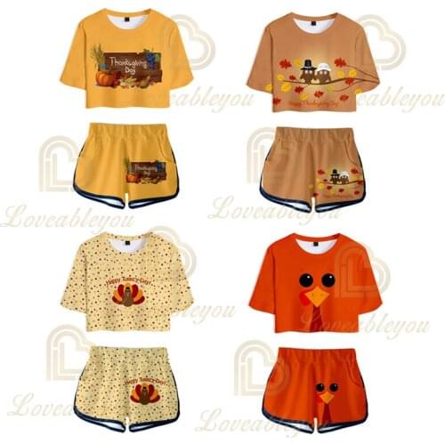 Thanksgiving Day Print Womens Tracksuit Two Piece Set Women Suits Shorts Crop Tops and Shorts Summer Sexy Sets