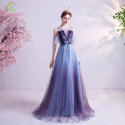 SSYFashion New Banquet Elegant Blue Purple Gradient Evening Dress Lace Flower Sequins Beading Long Formal Gown Vestido De Noche