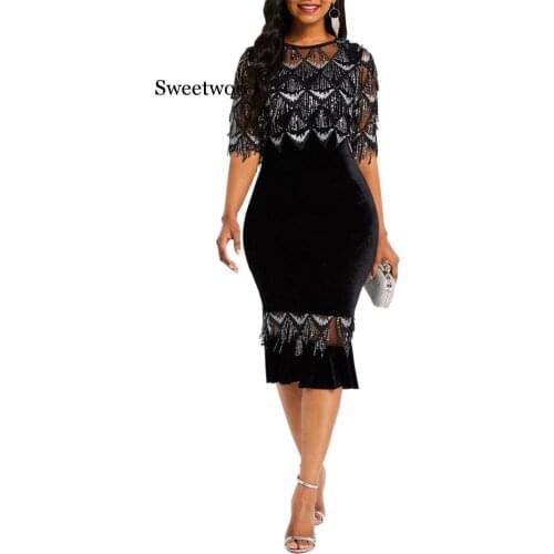 Sequined Mash Patchwork Sheath Grace Women Dress Half Sleeve O Neck High Street Fashion Lady Knee-Length Dress