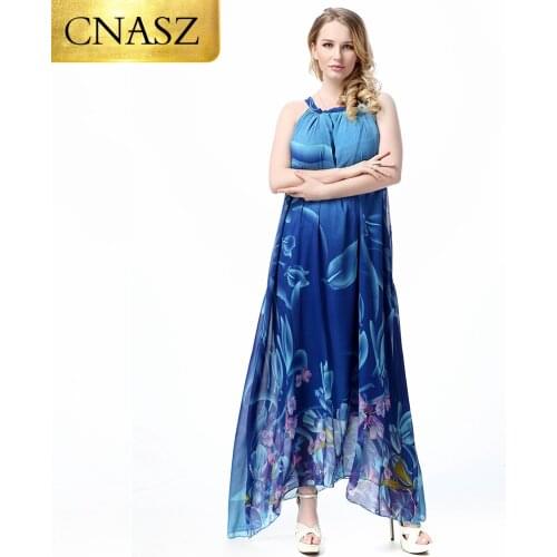 Plus Size Women Chiffon Long Print Beach Dress Summer O-Neck Bohemian Floor Length Asymmetrical Maxi Dress