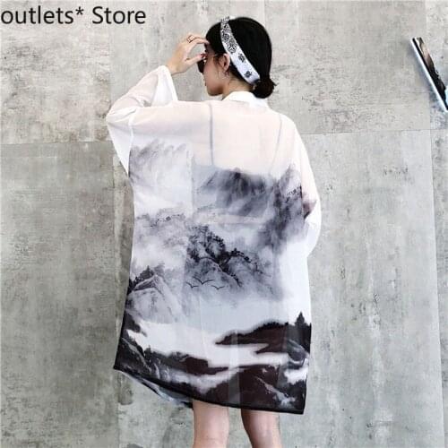 Woman Japanese Traditional Kimono Cardigan Chinese Oriental Ink-wash Painting Thin Long Robe Coat Haori Outfits