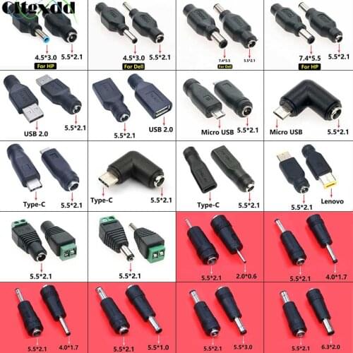 10PCS/Lot DC Jack 5.5x2.1 Female to 5.5*2.5 7.4*5.5 Micro USB Type-C USB 2.0 Male Power Plug Converte Laptop Adapter Connector