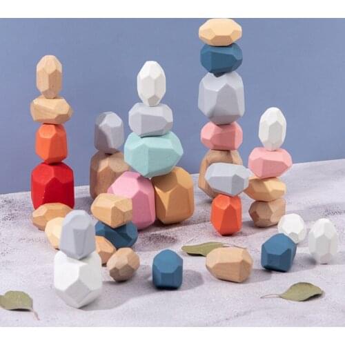 20pcs Wooden Stones Montessori Toy Childrens Stacked Stone Rainbow Simulation Stone Balancing Building Blocks Wood Toy Gift