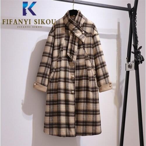 2020 Winter Coats Women Loose Plus Size Wool Blend Long Trench Coat Thick Warm Overcoat Female Casual Fashion Plaid Woolen Coat