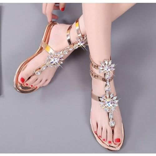 2021 Bohemian Style Rhinestone Casual Flats Sandals Fashion Roman Flat Bottom Clip Toe Buckle Sandals
