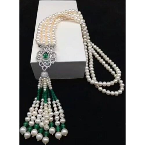 2row 8-9mm Freshwater pearl beads necklace 925 silver jewelry necklace women tassel jade exquisite tassel
