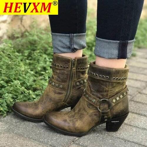 Women Ankle Boots Vintage Rivet Ladies Autumn Shoes Block Heels Short Boots 2020 Woman Zipper PU Leather Female Winter Footwear