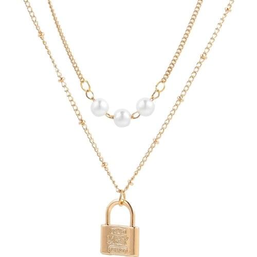Double Layered Lock Pendant Necklace Fashion Simulated Pearl Beads Choker Chain Delicated Gold Color Jewelry For Women