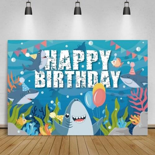 Laeacco Shark Water Grass Backdrop For Photography Child Happy Birthday Party Decor Customized Poster Pattern Photo Background