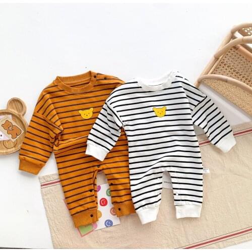 Autumn Newborn Baby Clothing Infant Boys Long Sleeve Striped Rompers Girls Cartoon Bear Print Cotton Jumpsuit One Piece Clothes