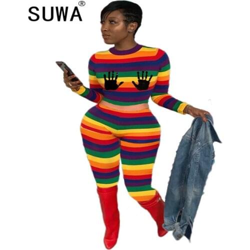 Hot Recommend Style Colorful Striped Printed Workout Matching Sets For Women 2 Pieces Outfits T-Shirt High Waist Pants Suit