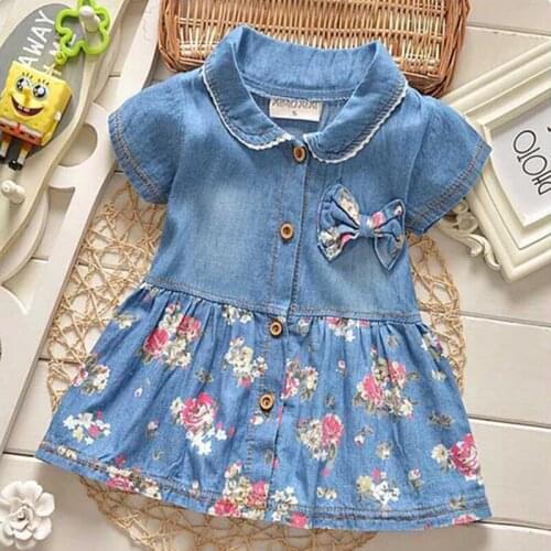 Fashion Baby girl dress cotton o-neck regular Toddler Baby Floral Print Bowknot Short Sleeve Princess Denim Dress Outfit H6
