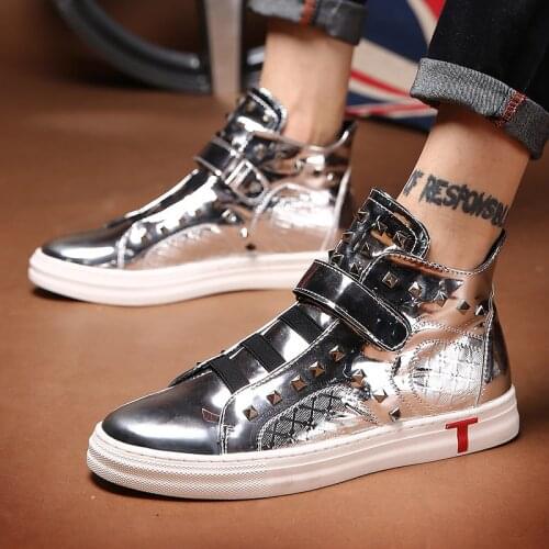 X Brand Autumn Trending High top Mirror Shoes for Men Slip on Hook loop Black Mens Casual Shoes Hip hop Nails Sneakers Men