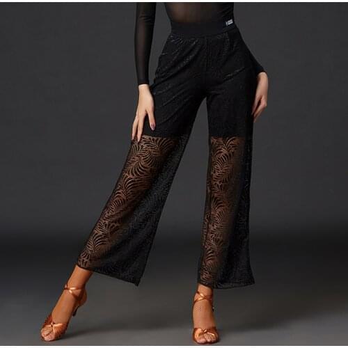 2020 New Latin Dance Pants Black Lace Wide Leg Pants Ballroom Dance Competition Pants Waltz Tango Latin Dancing Clothes DQS5720
