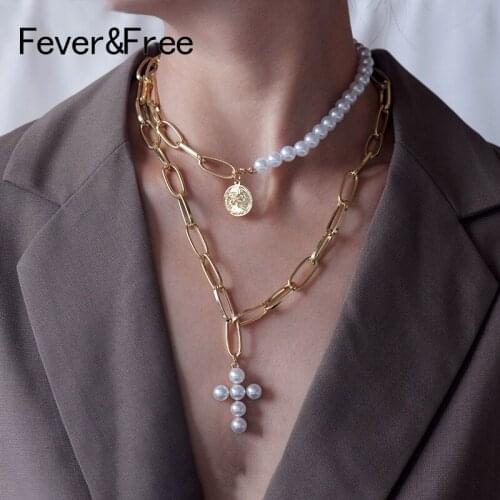 Fever&Free 2019 New Arrival Pearl Necklace Jewelry Vintage Pearl Cross Statement Choker Necklace For Mothers Day Gift Wholesale