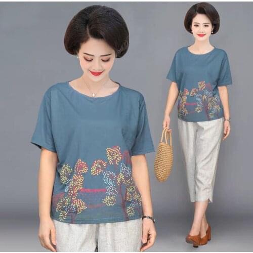 Middle-aged Women Sets Summer Big Size 5XL Fashion Leisure Printed Top + Elastic Waist Pants Suits Ladies 2 Piece Outfits L449