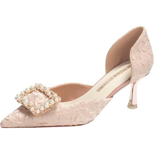 High Quality Womens Pumps D'orsay Pointed Toe Rhinestone 6 CM Heels for Ladies Female Wedding Party Office Shoes