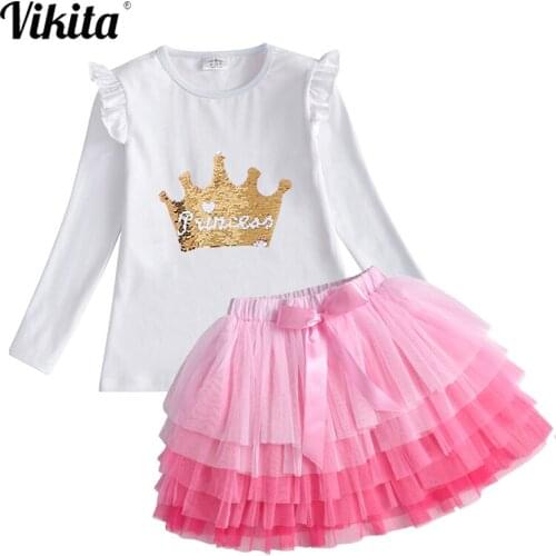 VIKITA Children Clothing Autumn Toddler Girls Clothes T-shirt+ Layered Skirt 2pc Outfit Suit Kids Clothes Girls Clothing Sets