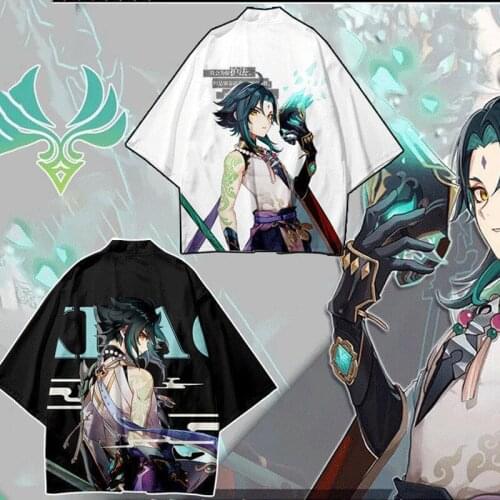 3D Print Genshin Impact Xiao Japanese Kimono Haori Yukata Cosplay Men Women Clothes Summer Short Sleeve Shirts Cardigan