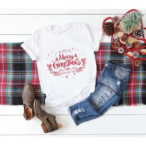 Showtly Christmas Shirt Women T Shirt We Wish You Merry Christmas And Happy New Year Fashion Graphic Cute Tee Tops