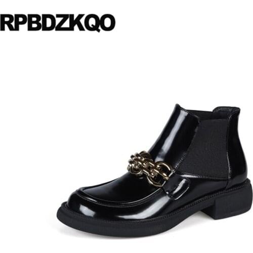 Girls Fall Booties High Quality Shoes Low Heel Metal Chelsea Women Ankle Boots 2021 Round Toe Black Chain Patent Leather Chunky