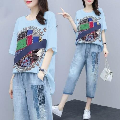 2021Summer Large size Women Sets Collage Flower letter Short Sleeve T Shirt And Jeans 2pcs Clothing Female Casual Suits B908