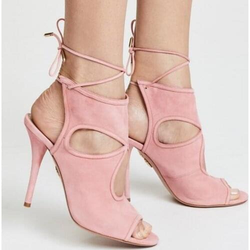 Moraima Snc Peep Toe Lace-up Stiletto Pumps Summer Pink Leather High Heel Sandal Cutouts Thin Heels Shoes