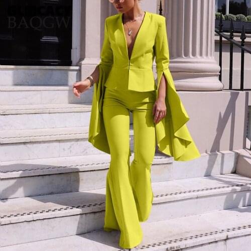 Women Two Piece Matching Set Elegant Flare Sleeve Deep V-neck Top + High Waist Wide Leg Pant Sets Chic Office Lady Casual Suit